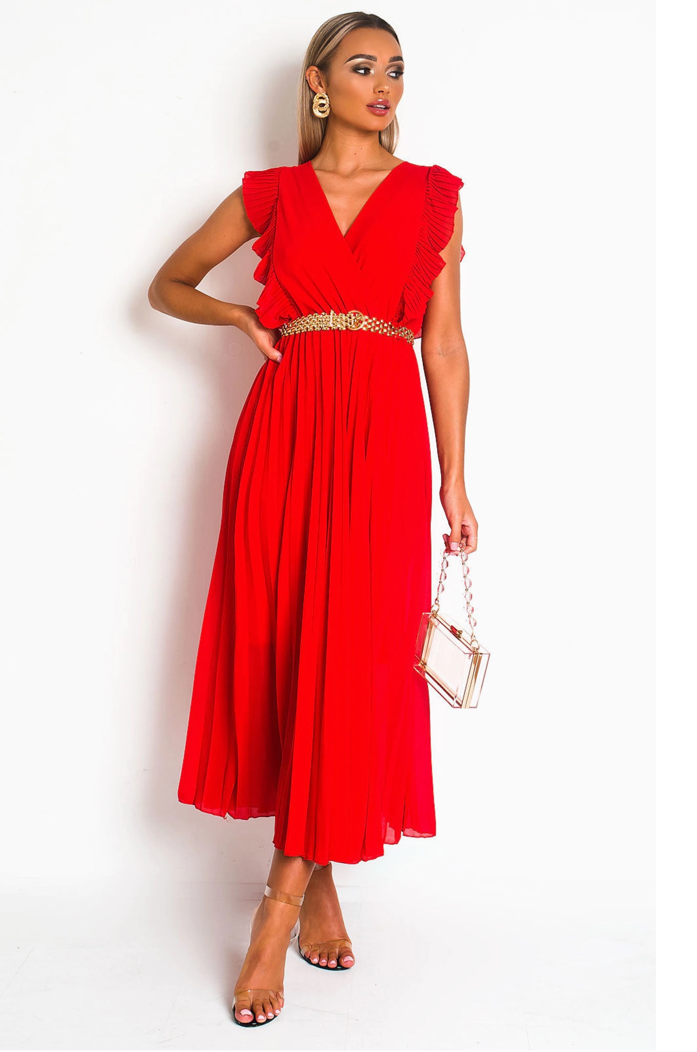 red dress pleated